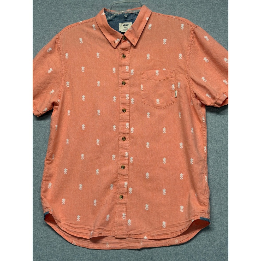 Vans Mens Medium Coral Orange Pineapple Print Short Sleeve‎ Button Down Shirt